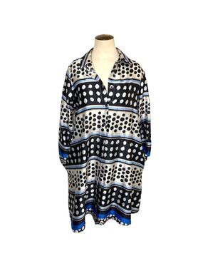 UCHUU italian Satin Button Down tunic Blouse M/L Blue Flowy Lagenlook Art Dots
